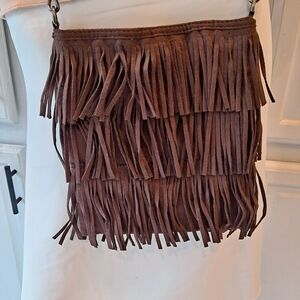 KIRRO Rich Brown Microfiber Suede Fringe Hobo Crossbody Bag